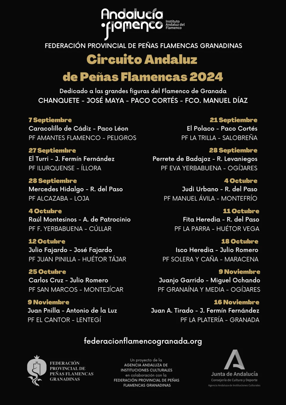 Cartel con la programación del Circuito Andaluz de Peñas 2024 en la provincia de Granada